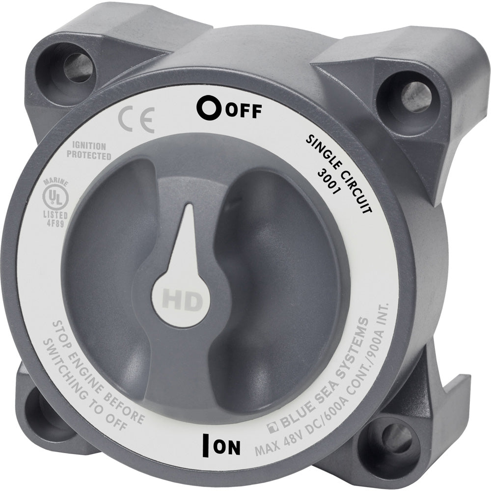 High-quality Blue Sea 3001 HD-Series Battery Switch Single Circuit ON/OFF w/AFD for marine and fishing use.